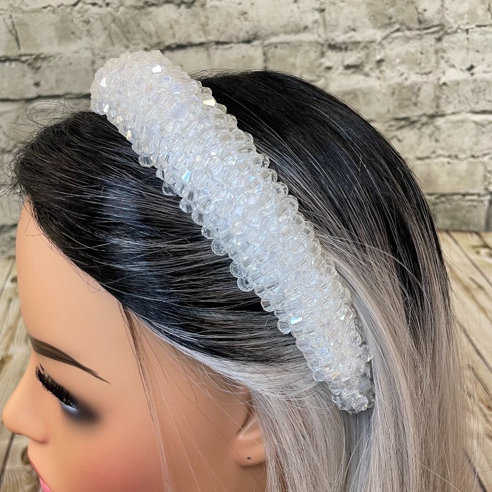 Clear glass beaded white puff headband NEW